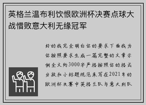 英格兰温布利饮恨欧洲杯决赛点球大战惜败意大利无缘冠军